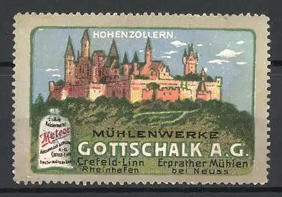 Reklamemarke Burg Hohenzollern, Meteor-Mehr der Mühlenwerke Gottschalk AG, Mehlsack