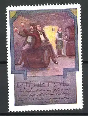 Reklamemarke Herren feiern in einem Weinkeller, Text- und Notenzeile