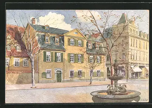 Künstler-AK Weimar, Schillerhaus und Brunnen