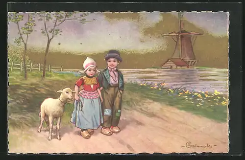 Künstler-AK E. Colombo: Paar in niederländischer Tracht und Schaf an der Leine beim Spaziergang, Windmühle