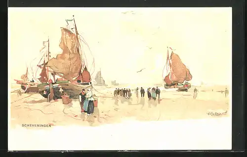 Künstler-AK Henri Cassiers: Scheveningen, Anwohner mit Segelbooten am Strand