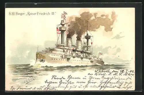 Künstler-AK Johann Georg Siehl-Freystett: S.M. Panzer Kaiser Friedrich II unter Volldampf