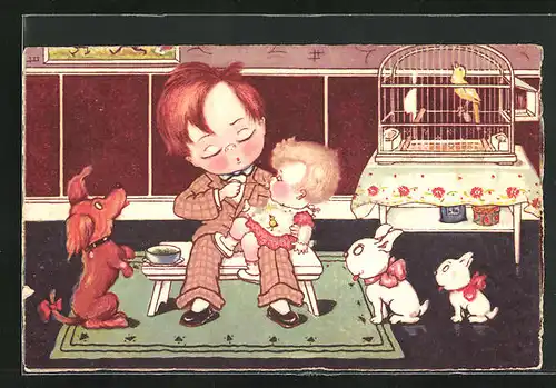 Künstler-AK Margret Boriss unsign.: Knabe füttert ein Mädchen mit Brei auf dem Löffel, bettelnde Hunde