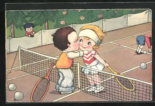Künstler-AK Margret Boriss unsign.: Siegerkuss auf einem Tennisplatz