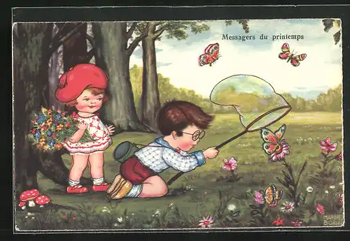 Künstler-AK Margret Boriss: Messagers du printemps, Kinderpaar fängt Schmetterlinge mit einem Kescher