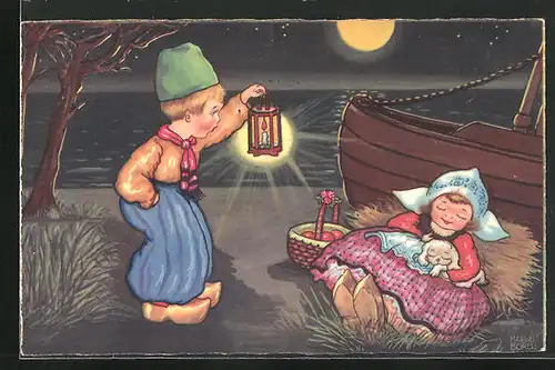 Künstler-AK Margret Boriss: Knabe beleuchtet ein schlafendes Mädchen mit einer Laterne