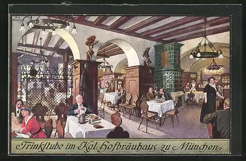 Künstler-AK Fritz Quidenus: Kgl. Hofbräuhaus zu München, Blick in die Trinkstube