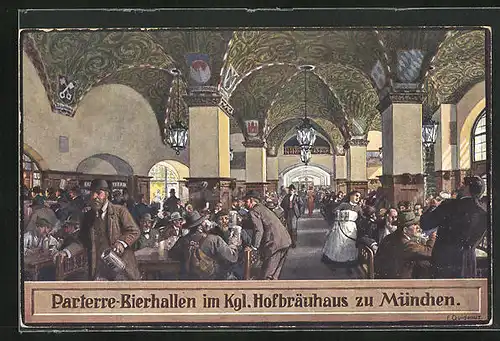 Künstler-AK Fritz Quidenus: Kgl. Hofbräuhaus zu München, gut besuchte Parterre-Bierhallen