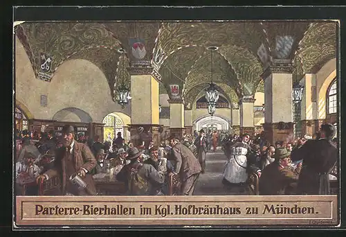 Künstler-AK Fritz Quidenus: Kgl. Hofbräuhaus zu München, gut besuchte Parterre-Bierhallen