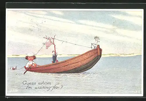 Künstler-AK H.S.B.: Guess whom I'm waiting for?, Knabe sitzt in einem Ruderboot, Hund schwimmt angeleint im Wasser