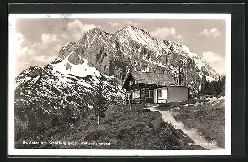 AK St. Anton, Hütte am Kranzberg gegen die Wettersteinwand