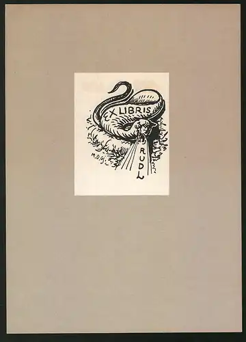 Exlibris V. Rudl, Schlange bewegt sich über den Boden fort