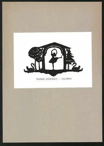 Exlibris Ingrid Andersen, Frau im kurzen Rock tanzt, Silhouette