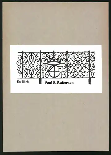 Exlibris Poul A. Andersen, Wappen mit Krone und Buchstaben, 1643