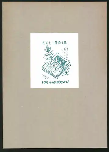 Exlibris Poul A. Andersen, offenes Buch mit Pflanze