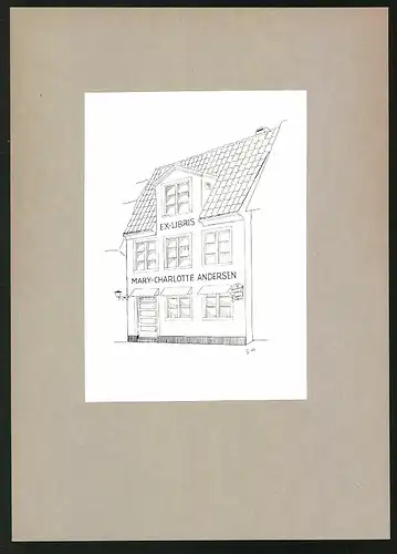 Exlibris Mary-Charlotte Andersen, Hausfront mit Schriftzug