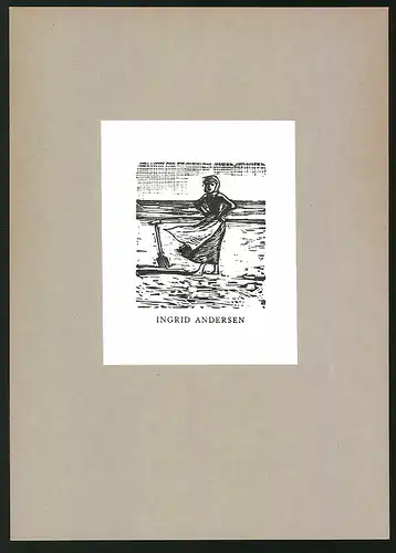 Exlibris Ingrid Andersen, Frau im Rock am Wasser mit Schaufel