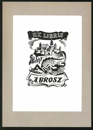Exlibris A. Brosz, Drache fliegt durch die Stadt
