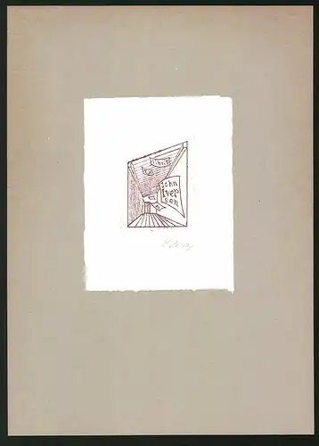 Exlibris John Iversen, Blätter fliegen durch einen Flur