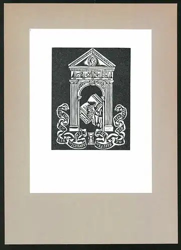 Exlibris Vilniaus Universiteti Biblioteka, antiker Bogen mit Säulen, Mann schreibt etwas in ein Buch