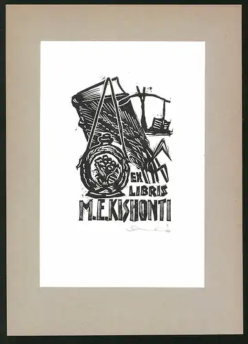 Exlibris M. E. Kishonti, Buch & Flasche mit Siegel