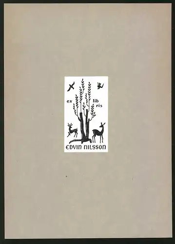 Exlibris Edvin Nilsson, Rehe und Vögel umkreisen einen Baum