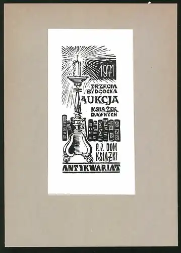 Exlibris J. J. Nowicki, 1971, Bücherregal mit Kerze