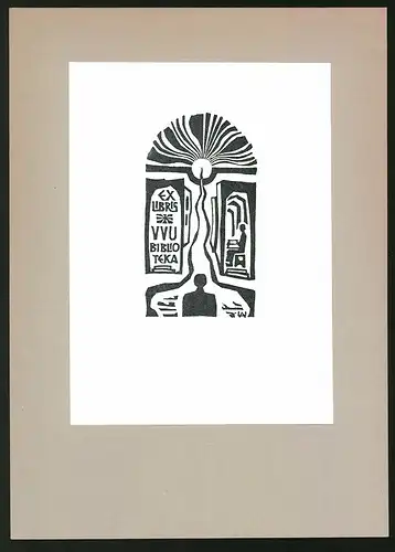 Exlibris VVU Biblioteka, Mann schaut zum Sonnenaufgang