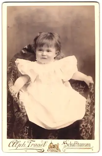 Fotografie Alph. Tronel, Schaffhausen, Portrait niedliches Mädchen im Kleid sitzt im Kindersessel