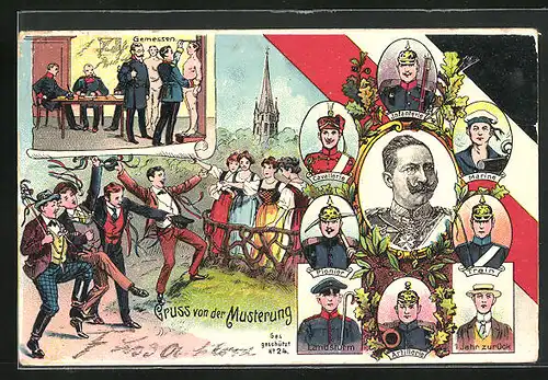 Lithographie Gruss von der Musterung, Truppengattungen, Konterfei Kaiser Wilhelm II.