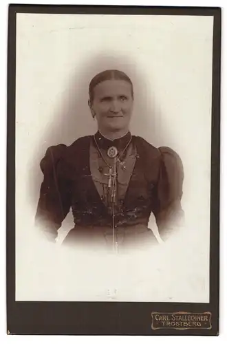 Fotografie Carl Stallechner, Trostberg, Portrait ältere Dame im Biedermeierkleid mit Brosche und Kreuzkette