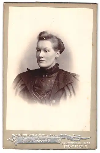 Fotografie C. S. Scott, Stratford, Leytonstone Roead 53, Portrait Dame im Biedermeierkleid mit Hochsteckfrisur
