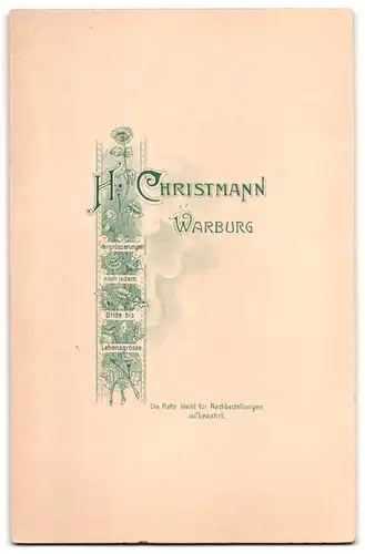 Fotografie H. Christmann, Warburg, Portrait älterer Herrschaften im Anzug und Kleid mit Vollbart und Ohrringe