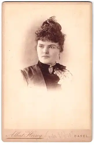 Fotografie Albert Herzog, Basel, Portrait Dame im Biedermeierkleid mit Brosche und Locken