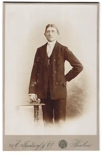 Fotografie A. Jandorf & Co., Berlin-N., Brunnen-Strasse 19-21, Portrait junger Herr im Anzug mit Krawatte