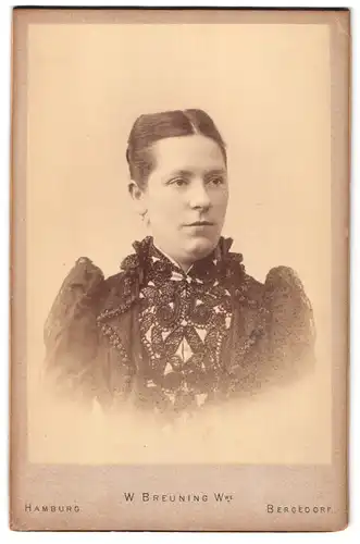 Fotografie W. Breuning Witwe, Hamburg, Berg-Strasse 26, Portrait junge Dame im bestickten Kleid
