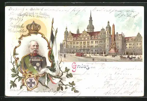 Lithographie Albert, König von Sachsen, Königliches Schloss