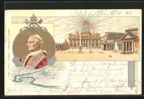 Lithographie Rom, Petersplatz mit Dom, Konterfei Papst Leo XIII.