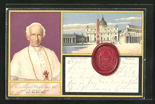 Lithographie Papst Leo XIII., Petersplatz mit Dom, Vatikanstadt