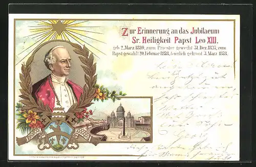 Lithographie Konterfei Papst Leo XIII., Petersplatz mit Dom in der Vatikanstadt