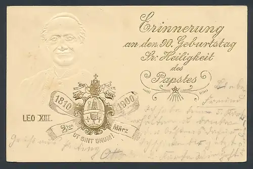 Präge-AK Erinnerung an den 90. Geburtstag Sr. Heiligkeit des Papstes Leo XIII. 1900