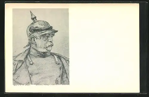 Künstler-AK Konterfei Otto von Bismarck in Feldgrau mit Pickelhaube
