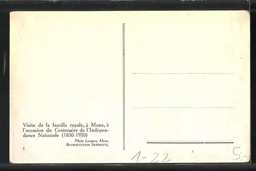 AK Mons, Visite de la famille royale von Belgien à l`occasion du Centenaire de l`Indépendance Naitonale 1830-1930