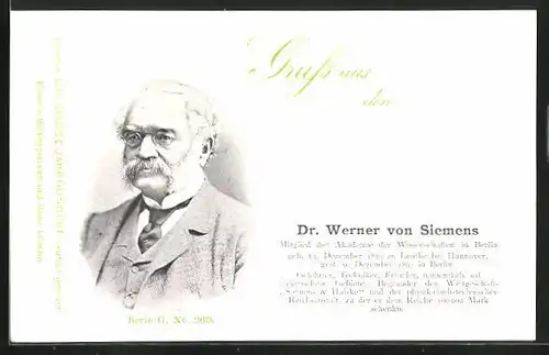 AK Dr. Werner von Siemens, Mitgleid der Akademie der Wissenschaften in Berlin, 1816-1897