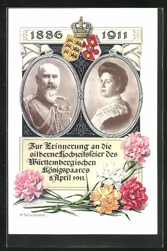 AK Zur Erinnerung and die silberne Hochzeitsfeier des Württembergischen Königspaares 1911, 1886-1911