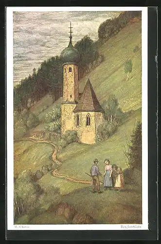 Künstler-AK Matthäus Schiestl: Bauern stehen am Feld mit einer Bergkirche