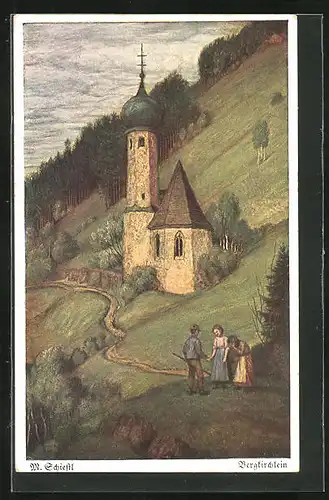 Künstler-AK Matthäus Schiestl: Bauern stehen am Feld mit einer Bergkirche