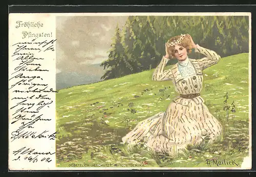 Künstler-AK Alfred Mailick: hübsche Frau im eleganten Kleid auf einem Feld im Sommer