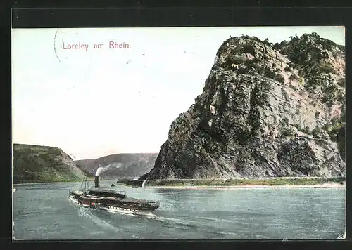 AK Loreleyfelsen am Rhein, Rheindampfer