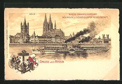 Lithographie Köln, Rhein-Dampfschifffahrt, Kölnische u. Düsseldorfer Gesellschaft